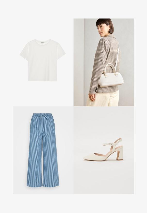 Valge lühikeste varrukatega t-särk, mis on valmistatud pehmest puuvillast. Omab ümmargust kaelust ja mugavat lõiget. Puhtad jooned, ilma nähtavate mustrite või aktsentideta.; Sinise triibuga laiad püksid elastse vöökoha ja stringiga. Kangas on kerge, sisaldades kontrastiks vertikaalseid valgeid triibusid.; Koonus-peat, kreemjas värvitoonis säärisega king, millel on plokkkonts. Omab õhukest pahkluu rihma ümmarguse pandlaga ja sujuvat nahastruktuuri.; Valge struktureeritud käekott lühikeste käepidemete ja õlavööga, millel on kuldse riistvara aktsendid ja tekstuuriga materjal, eksponeeritud halli taustal.