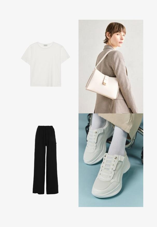 Witte T-shirt met korte mouwen, gemaakt van zachte katoen. Heeft een ronde halslijn en een relaxte pasvorm. Schoon ontwerp zonder zichtbare patronen of accenten.; Knit Factory FERN - Broek - black; Witte sneakers met een mesh materiaal, rubberen zool, vetersloze uitvoering met elastische banden en gouden accenten.; Witte leren handtas met een gestructureerd ontwerp, voorzien van een magneetsluiting en een schouderriem, tentoongesteld tegen een neutrale achtergrond.