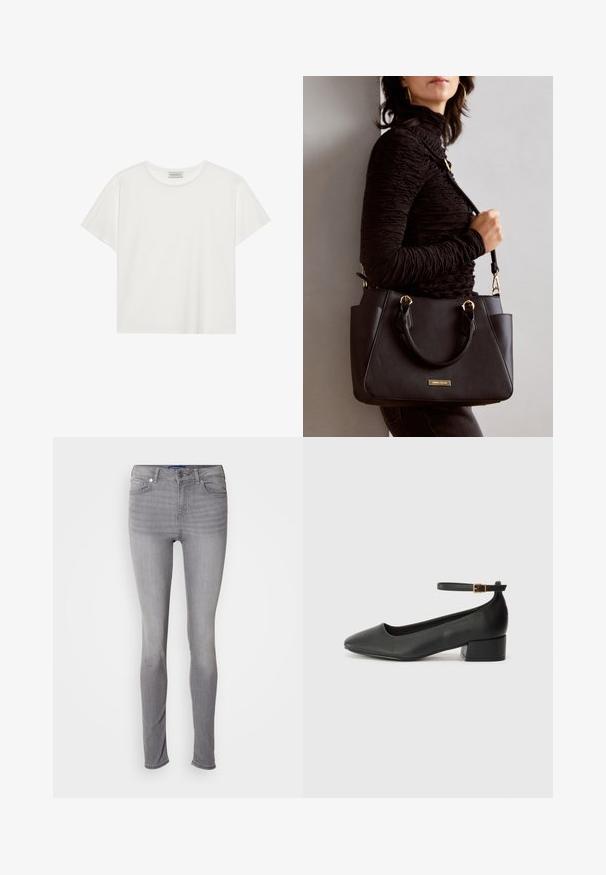 T-shirt branca de manga curta feita de algodão macio. Apresenta um decote redondo e um corte descontraído. Design limpo sem padrões ou detalhes visíveis.; Calças skinny cinzentas, material de denim, design de cinco bolsos, passantes para cinto, fecho frontal com botão e padrão ligeiro de desvanecimento nas pernas.; Sandal de pele preta com bico pontiagudo e um salto bloco baixo. Apresenta uma tira no tornozelo com uma fivela em tom dourado. Textura suave.; Bolsa preta com superfície texturizada, alças superiores duplas e alça de ombro ajustável. Apresenta ferragens em tom dourado e bolsos laterais.