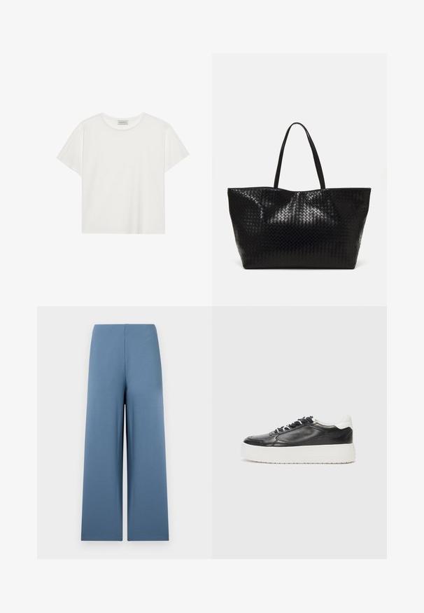 Hvit T-skjorte med kort erm laget av myk bomull. Har rund hals og avslappet passform. Rent design uten synlige mønstre eller aksenter.; Bredde benbukser i mykt, blått stoff. Har en sømløs midjebånd og en jevn, glatt tekstur. Ingen synlige lukkinger eller lommer.; Kennel + Schmenger BANG - Joggesko - schwarz/bianco; Svart vevd tote-veske med to solide håndtak, med en blank tekstur og et romslig design med åpen topp.