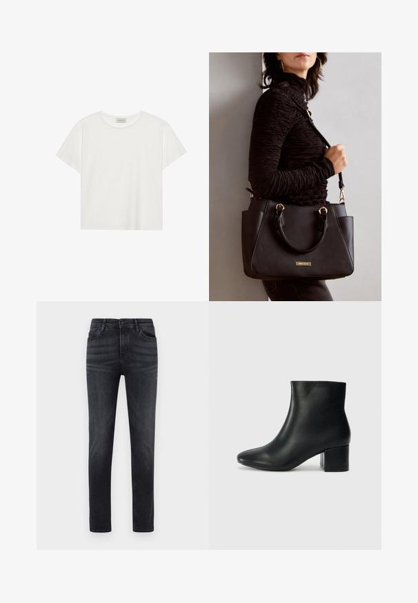 Fehér, rövid ujjú póló, puha pamutból készült. Kerek nyakkivágással és laza szabással rendelkezik. Tiszta dizájn, látható minták vagy díszítések nélkül.; Fekete farmernadrág egyenes szabással. Öt zsebet, gombos záródást és övhurkokat tartalmaz. Az anyag sima textúrájú és enyhe rugalmassággal rendelkezik.; Fekete bőr bokacsizma hegyes orral és vastag sarokkal. Sima felület minimális díszítéssel és karcsú, passzos kialakítással.; Fekete kézitáska texturált felülettel, dupla felső fogantyúval és állítható vállpánttal. Arany színű fém kiegészítők és oldalsó zsebek találhatók rajta.