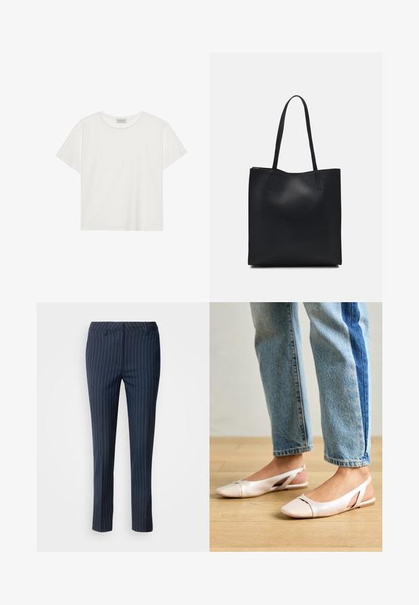 White short-sleeve T-shirt made of soft cotton. Features a round neckline and relaxed fit. Clean design with no visible patterns or accents.; Navy pinstriped trousers made from woven fabric, featuring a tailored fit, straight leg design, and front pockets with a smooth texture.; Pale pink slingback flats with a pointed toe, made from a smooth leather-like material. Features cut-out details at the sides and a flat heel.; Black leather tote bag with smooth texture, rectangular shape, and two long handles. No visible hardware or embellishments.