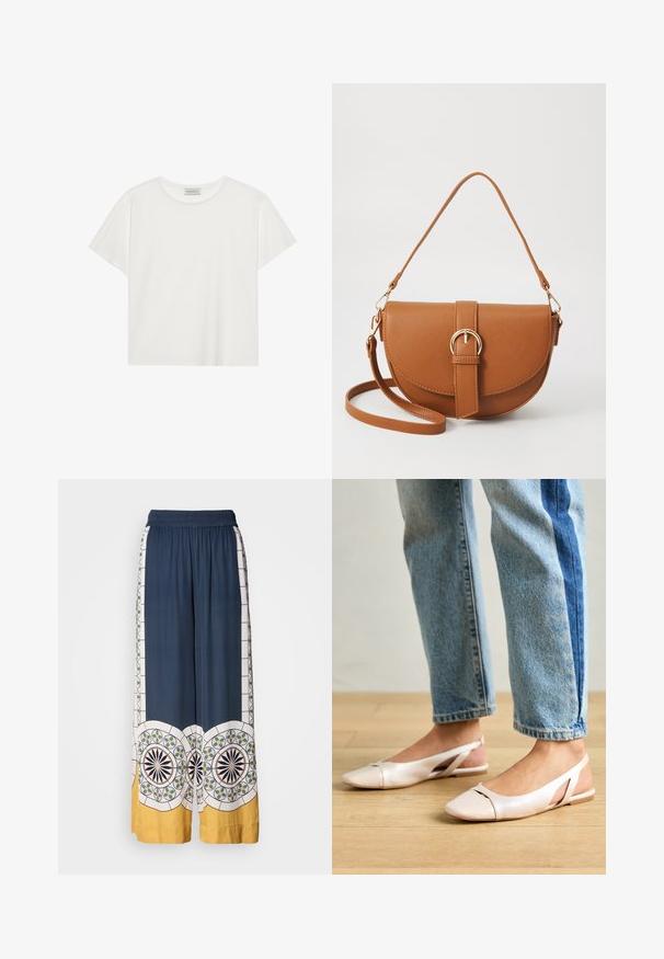 T-shirt blanc à manches courtes en coton doux. Présente un col rond et une coupe décontractée. Design épuré sans motifs ni accents visibles.; Pantalons larges de couleur marine avec une taille élastique, ornés de motifs géométriques blancs, verts et jaunes le long de l'ourlet et des côtés.; Ballerines slingback rose pâle avec un bout pointu, fabriquées en un matériau semblable au cuir lisse. Présentent des découpes sur les côtés et un talon plat.; Sac bandoulière en cuir marron avec une forme incurvée, quincaillerie dorée et un accent en boucle. Comprend une bandoulière détachable.
