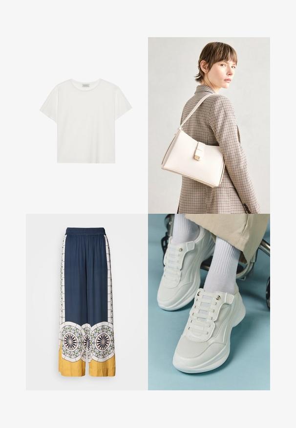 Balts īsām piedurknēm T-krekls, kas izgatavots no mīksta kokvilnas. Tam ir apaļš izgriezums un brīvs piegriezums. Tīrs dizains bez redzamām rakstiem vai akcentiem.; Jūras spēku plaša kāju bikses ar elastīgu jostu, kurām ir ģeometriski raksti baltā, zaļā un dzeltenā krāsā pa apakšmalu un sāniem.; Baltie sporta apavi ar sietu materiālu, gumijas zoli, bez šņoru dizainu ar elastīgām beigām un zeltainiem akcentiem.; Balta ādas rokassoma ar strukturētu dizainu, kurai ir magnētiska aizdare un plecu josta, parādīta uz neitrāla fona.