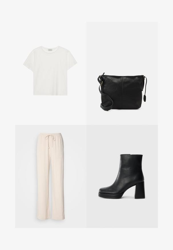 T-shirt branca de manga curta feita de algodão macio. Apresenta um decote redondo e um corte descontraído. Design limpo sem padrões ou detalhes visíveis.; Calças soltas de tom bege claro, com cintura elástica e cordão. Tecido texturizado com detalhes nas costuras laterais e pernas largas.; Bota de couro preta até ao tornozelo com salto bloco e sola com plataforma, vista de lado sobre um fundo branco liso.; Mala de ombro em couro preto com forma plana, detalhes em metal dourado e alça ajustável. Textura suave com detalhes de costura mínimos.