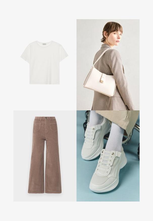 Fehér, rövid ujjú póló, puha pamutból készült. Kerek nyakkivágással és laza szabással rendelkezik. Tiszta dizájn, látható minták vagy díszítések nélkül.; Barna kordbársony, széles lazú nadrág magas derékkal, gombos záródással, két hátsó zsebbel és függőleges bordázott textúrával.; Fehér sportcipők, amelyek hálós anyagból készültek, gumitalpúak, fűző nélküli kialakítással, rugalmas pántokkal és arany színű kiegészítőkkel rendelkeznek.; Fehér bőr táska strukturált dizájnnal, mágneses záródással és vállpánttal, semleges háttér előtt bemutatva.