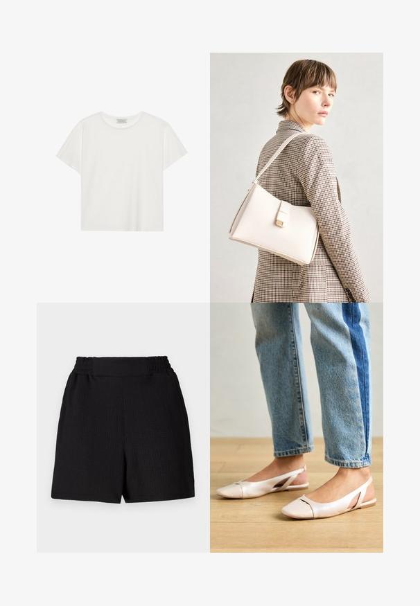 T-shirt blanc à manches courtes en coton doux. Présente un col rond et une coupe décontractée. Design épuré sans motifs ni accents visibles.; Shorts noirs en tissu texturé, avec une taille élastique et une coupe droite. Présente un design épuré sans accents ni motifs supplémentaires.; Ballerines slingback rose pâle avec un bout pointu, fabriquées en un matériau semblable au cuir lisse. Présentent des découpes sur les côtés et un talon plat.; Sac à main en cuir blanc au design structuré, doté d'un fermoir magnétique et d'une bandoulière, présenté sur un fond neutre.