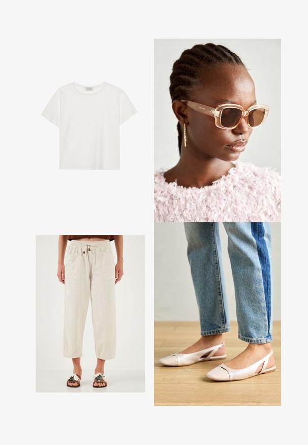Witte T-shirt met korte mouwen, gemaakt van zachte katoen. Heeft een ronde halslijn en een relaxte pasvorm. Schoon ontwerp zonder zichtbare patronen of accenten.; Beige, lichtgewicht, wijde broek met een elastische tailleband, drawstring en twee voorkruiszakken. Getextureerde stof met een relaxte pasvorm.; Zachtroze slingback ballerina's met een spitse neus, gemaakt van een glad leerachtig materiaal. Bevat uitsnijdingen aan de zijkanten en heeft een platte hak.; Beige oversized zonnebril met een doorzichtig montuur en bruine getinte glazen, met subtiele bloemaccenten en een gedurfde, geometrische ontwerp.