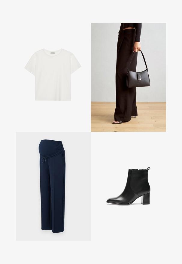 Hvit T-skjorte med kort erm laget av myk bomull. Har rund hals og avslappet passform. Rent design uten synlige mønstre eller aksenter.; Mørkeblå graviditetsbukser laget av myk stoff, med elastisk linning og justerbar snøring, og to sidelommer for bekvemmelighet.; Svarte skinn ankelstøvler med rund tå, middels høy blokkhæl og en trekkflik bak. Glatt tekstur, minimalistisk design.; Svart håndveske med strukturert form, jevn tekstur og metallisk lås. Kombinert med brede svarte bukser og sandaler med åpen tå på tregulv.