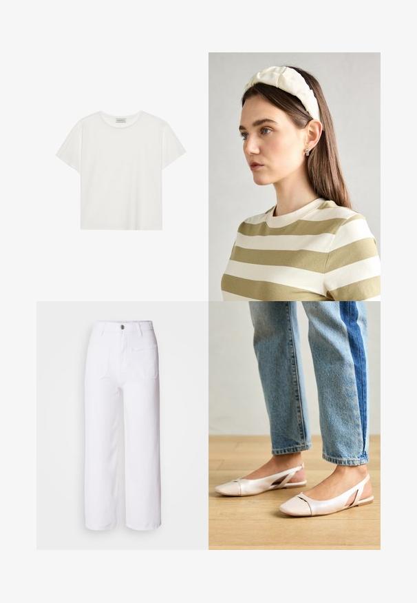 Fehér, rövid ujjú póló, puha pamutból készült. Kerek nyakkivágással és laza szabással rendelkezik. Tiszta dizájn, látható minták vagy díszítések nélkül.; Fehér farmer széles szárú nadrág gombos záródással, övbújtatókkal, két elülső zsebbel és egy hátsó zsebbel. Tartós és texturált anyag.; Világos rózsaszín slingback laposlábú cipők, hegyes orral, sima bőrhatású anyagból készült. Oldalt kivágott részletek találhatók rajta, valamint lapos sarkú.; Krém színű párnázott fejpánt csavaros kivitelezéssel, bézs és fehér csíkos pólóval párosítva, kerek nyakkivágással. Diszkrét ékszer kiegészítők.