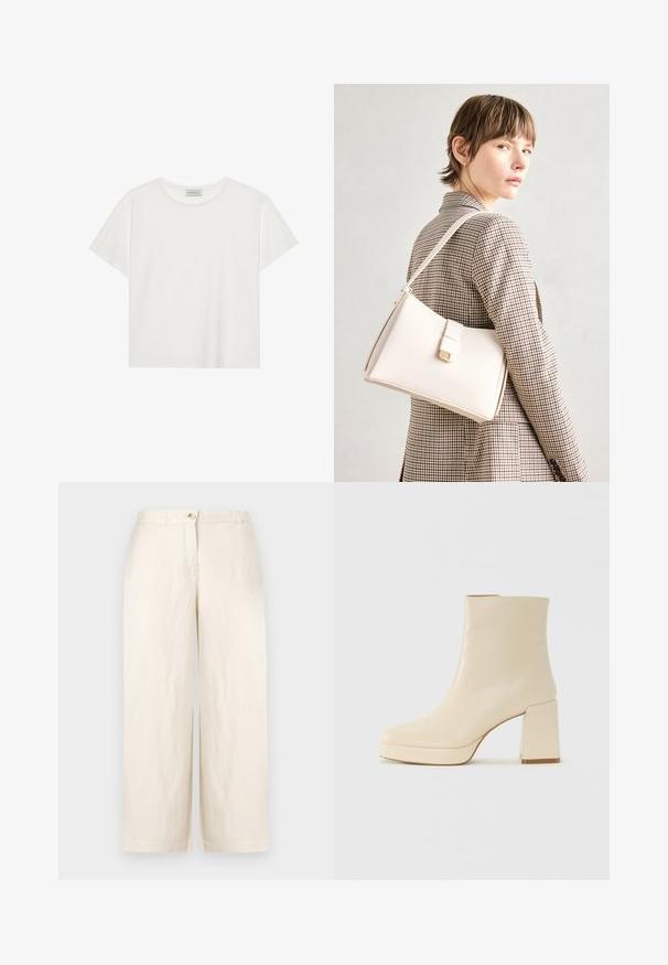 Fehér, rövid ujjú póló, puha pamutból készült. Kerek nyakkivágással és laza szabással rendelkezik. Tiszta dizájn, látható minták vagy díszítések nélkül.; Beige, széles lábfejű nadrág könnyű anyagból, gombos zárással, övhurkokkal és letisztult szegéllyel. Sima textúra és minimalista dizájn.; Beige bőr bokacsizma bársonyos felülettel, tömbsarokkal és platform talppal, enyhén szögletes orral, balra nézve, fehér háttér előtt.; Fehér bőr táska strukturált dizájnnal, mágneses záródással és vállpánttal, semleges háttér előtt bemutatva.