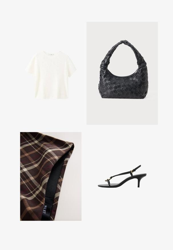 Witte ribbeltop met korte mouwen en een ronde hals. Zachte textuur en een relaxte pasvorm, met een eenvoudig ontwerp zonder extra patronen.; Bruin geruit stof met witte en beige lijnen, met een gladde textuur en een zwarte elastische band langs de rand genaaid.; Zwarte leren kitten heel sandaal met dunne banden, gouden gesp en minimalistische teenlus op een witte achtergrond.; Zwarte leren geweven schoudertas met een ronde handgreep en een maansvormig lichaam op een effen achtergrond.