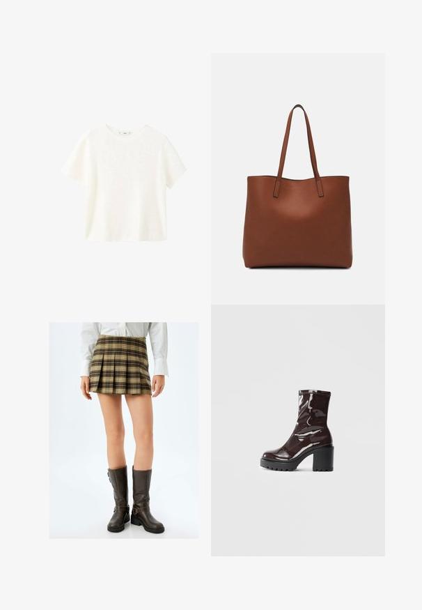 Hvid kortærmet ribbet top med rund halsudskæring. Blød tekstur og afslappet pasform, med et enkelt design uden yderligere mønstre.; Brunternetterskørt i tern med plisseringer, i brun, beige og grønne nuancer, kombineret med tætsiddende brune knæhøje støvler med spænder og en struktureret overflade.; Glatte burgunder ankelstøvler med en chunky sort hæl, der har en glat tekstur og et simpelt design. Ingen synlige lukninger eller mønstre.; Brun læder tote taske med en glat overflade, åben topdesign og to skulderremme. Har minimal syning og ingen synlig hardware.