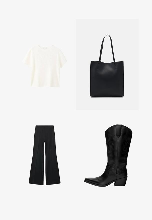 Bela kratka majica s kratkimi rokavi in ribanim tekstilom ter okroglim izrezom. Mehak material in sproščen kroj, ki se ponaša s preprostim dizajnom brez dodatnih vzorcev.; Črne široke hlače z gladko teksturo, ki imajo sprednje nabore in kroj po meri. Tkanina je lahka in zračna.; Črne usnjene kavbojske čevlje z ostrim nosom, srednjim peto, dekorativnim stikom in zanko za enostavno obuvanje. Gladka tekstura in visok ose.; Črna usnjena torba s svilnato teksturo, pravokotne oblike in dvema dolgima ročajema. Brez vidnih metalnih delov ali okrasnih elementov.