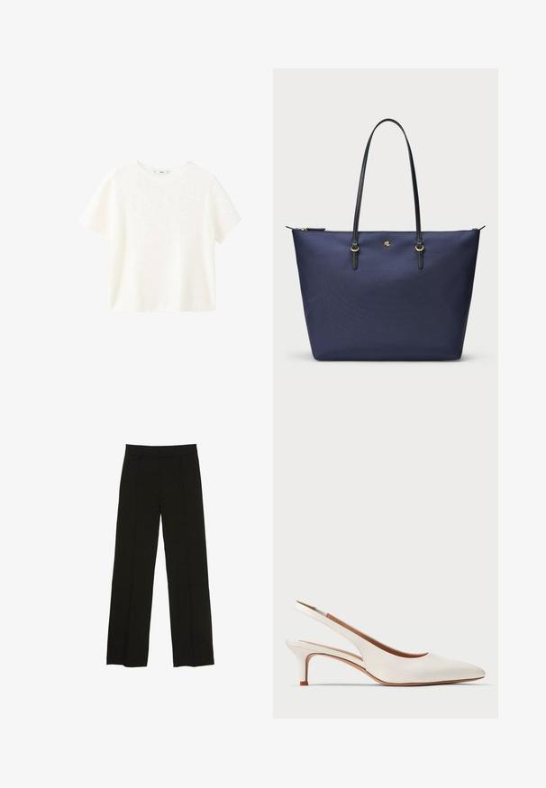 Bela kratka majica s kratkimi rokavi in ribanim tekstilom ter okroglim izrezom. Mehak material in sproščen kroj, ki se ponaša s preprostim dizajnom brez dodatnih vzorcev.; Črne široke hlače iz gladkega materiala, z oprsnikom in diskretnimi sprednjimi plisami za dodano teksturo.; Bele slingback sandale z zaobljenim prstom, iz gladke usnjene tkanine, z nizkim, debelim petam in brez vidnih vzorcev ali okraskov.; Torbica v navy modri barvi, izdelana iz teksturirane tkanine, z ročaji iz črne usnje in zlatimi detajli. Zadrga na vrhu.