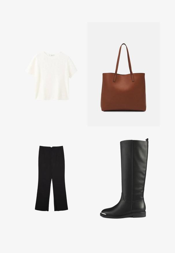 Hvid kortærmet ribbet top med rund halsudskæring. Blød tekstur og afslappet pasform, med et enkelt design uden yderligere mønstre.; Sorte bukser med lige pasform, der har frontlommer og slidser i kanten. Lavet af blødt, glat stof. Velegnet til forskellige anledninger.; Støvler i sort læder til knæet med en glat overflade, rund tå og sølvaccent på tåkappen. Med en lav, flad hæl og sømløst design.; Brun læder tote taske med en glat overflade, åben topdesign og to skulderremme. Har minimal syning og ingen synlig hardware.
