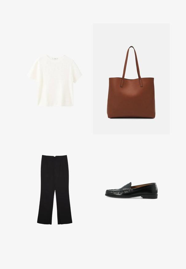 Top bianco a maniche corte in maglina con scollatura rotonda. Tessuto morbido e vestibilità comoda, con un design semplice senza ulteriori motivi.; Pantaloni neri a gamba dritta, con tasche frontali e spacchi laterali all'orlo. Realizzati in tessuto morbido e liscio. Adatti a diverse occasioni.; Mocassini neri in pelle presentano una tomaia in stile mocassino con cuciture rialzate e una suola piatta in gomma. Il design è minimalista, senza decorazioni visibili.; Borsa tote in pelle marrone con texture liscia, design con apertura superiore e due spallacci. Presenta cuciture minime e nessun hardware visibile.
