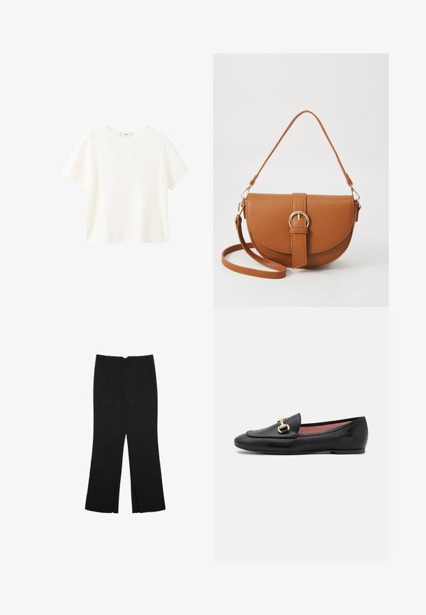 Valkoinen lyhythihainen ribbipaita, jossa on pyöreä pääntie. Pehmeä materiaali ja rento istuvuus, yksinkertainen muotoilu ilman lisäkuvioita.; Mustat housut suoralinjaisella leikkauksella, joissa on etutaskut ja sivurei'ät helman alla. Valmistettu pehmeästä ja sileästä kankaasta. Sopii eri tilaisuuksiin.; Musta nahkainen loaferi, jossa on tyylikäs muotoilu, pyöreä kärki ja kultaiset yksityiskohdat edessä. Sujuva pinta ja matala litteä pohja.; Ruskean nahkainen olkalaukku, jossa on kaareva muoto, kultaiset yksityiskohdat ja solkiyksityiskohta. Varustettu irrotettavalla olkahihnalla.