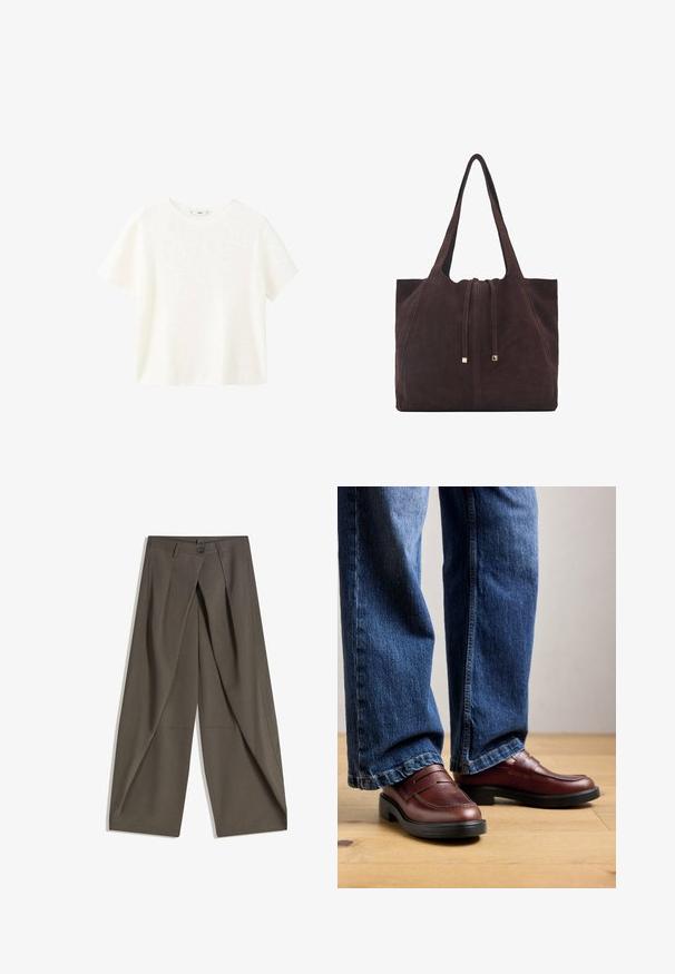 Biely krátky rukáv ribbovaného trička s okrúhlym výstrihom. Mäkka textúra a voľný strih, s jednoduchým dizajnom bez dodatočných vzorov.; Široké nohavice vyrobené z textúrovaného tmavošedého materiálu. Majú predný záhyb, zapínanie na gombík a bočné vrecká pre praktickosť.; Osoba v hnedých kožených mokasínach a modrých džínsach stojí na drevenej podlahe na neutrálnom pozadí.; Mango Veľká kabelka - dark brown