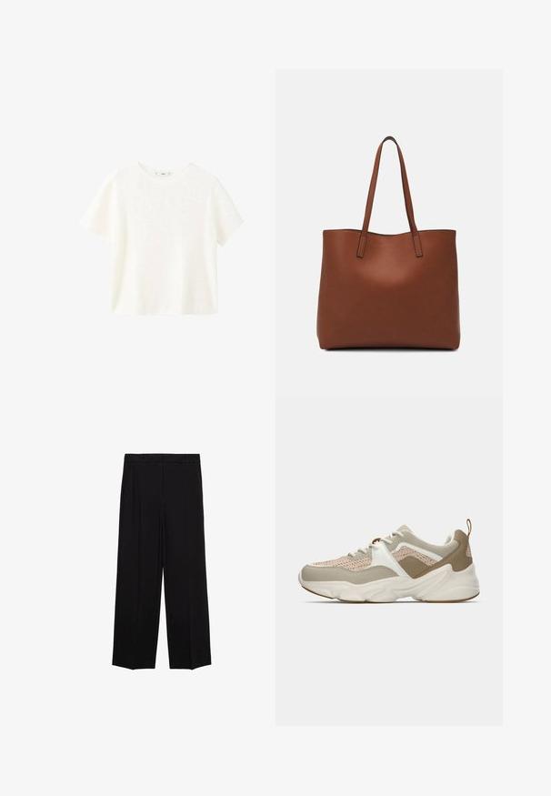 White short-sleeve ribbed top with a round neckline. Soft texture and relaxed fit, featuring a simple design without additional patterns.; Black wide-leg trousers with a smooth fabric, featuring pleats at the front and side pockets, designed with a straight, relaxed cut.; Lightweight sneakers with a beige mesh upper, white accents, and textured tan details. Chunky rubber sole with a unique wave pattern.; Brown leather tote bag with a smooth texture, open top design, and two shoulder straps. Features minimal stitching and no visible hardware.