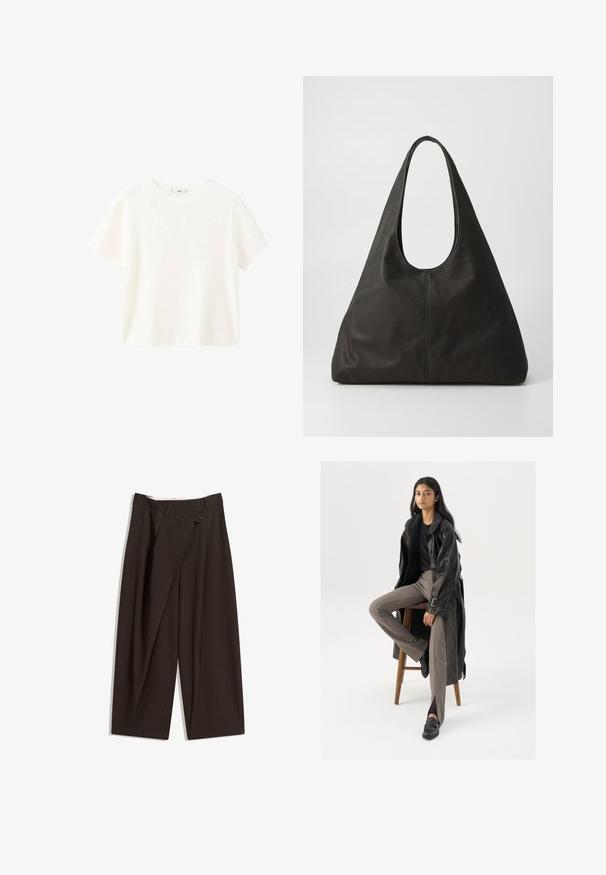 Witte ribbeltop met korte mouwen en een ronde hals. Zachte textuur en een relaxte pasvorm, met een eenvoudig ontwerp zonder extra patronen.; Donkere bruin wijde broek met een hoge taille, voorzien van een enkele knoopsluiting en een geplooide voorkant. Gemaakt van lichtgewicht stof.; Zwarte leren trenchcoat met knopen en riemdetails, gecombineerd met lichtbruine getailleerde broek en zwarte loafers, zittend op een houten kruk.; Zwarte leren tote bag met een gebogen handvat, langwerpige driehoekige vorm en een zachte textuur. Kenmerkt zich door een minimalistisch ontwerp zonder zichtbare hardware.