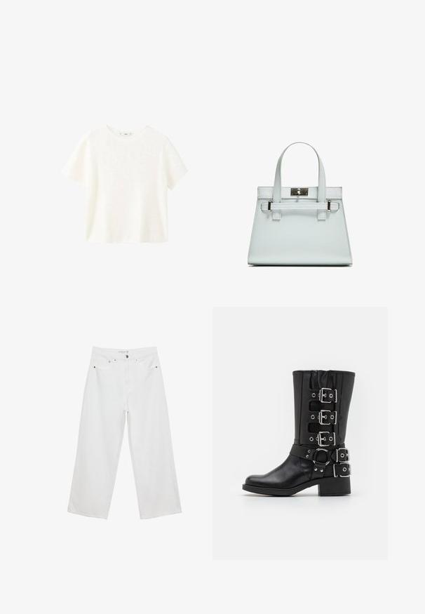 Bela kratka majica s kratkimi rokavi in ribanim tekstilom ter okroglim izrezom. Mehak material in sproščen kroj, ki se ponaša s preprostim dizajnom brez dodatnih vzorcev.; Bele široke hlače iz denima, visoke pasu, z petimi žepi in kovinskimi dodatki. Gladek tekstur, brez vidnih vzorcev.; Črne usnjene škornje z visokim uloženim delom, ki vključujejo več srebrnih sponk in trakov, krožno okrasje ter debel petek. Mat zaključek.; Svetlo modra torbica z oblikovano zasnovo, dvema ročkama in kljuko iz srebrno-toniranega materiala. Teksturni material in ostri koti.