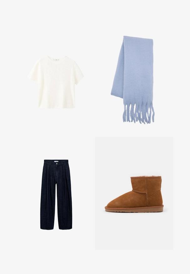 Top bianco a maniche corte in maglina con scollatura rotonda. Tessuto morbido e vestibilità comoda, con un design semplice senza ulteriori motivi.; Pantaloni wide-leg in denim scuro con pieghe in vita, dotati di un bottone frontale e passanti per cintura. Texture liscia e design a lunghezza completa.; Stivale alla caviglia in suede marrone con punta arrotondata e fodera morbida, dotato di suola in gomma piatta e dettagli di cucitura minimi.; Sciarpa in lana azzurro chiaro con texture morbida, forma allungata e bordi frangiati per un tocco in più. Ideale per calore e comfort.; Mango Shopping bag - dark brown