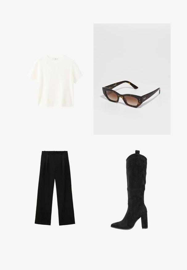 Top bianco a maniche corte in maglina con scollatura rotonda. Tessuto morbido e vestibilità comoda, con un design semplice senza ulteriori motivi.; Pantaloni neri a gamba larga con pieghe, caratterizzati da una texture liscia e un design a vita alta. Stile minimalista, senza hardware o decorazioni visibili.; Stivale alto in suede nero con punta affusolata e tacco a blocco, caratterizzato da una silhouette strutturata e da una linguetta superiore. Texture liscia.; Occhiali da sole tartarugati con design a occhio di gatto, lenti gradienti marroni e dettagli metallici argentati sulla montatura. Materiale in plastica lucida.; Borsa in pelle intrecciata nera con una sola tracolla, caratterizzata da una forma morbida e curvilinea e da una finitura lucida. Nessuna tasca esterna visibile.