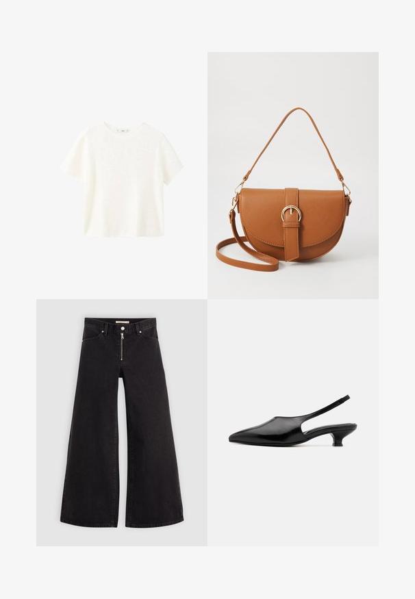 White short-sleeve ribbed top with a round neckline. Soft texture and relaxed fit, featuring a simple design without additional patterns.; Wide-leg jeans in black denim with a zippered front, five-pocket design, and subtle stitching details. Smooth texture and casual style.; Black leather slingback heels with a pointed toe, open sides, and a short, flared heel. Smooth texture and minimalist design.; Brown leather crossbody bag with a curved shape, gold hardware, and a buckle accent. Features a detachable shoulder strap.