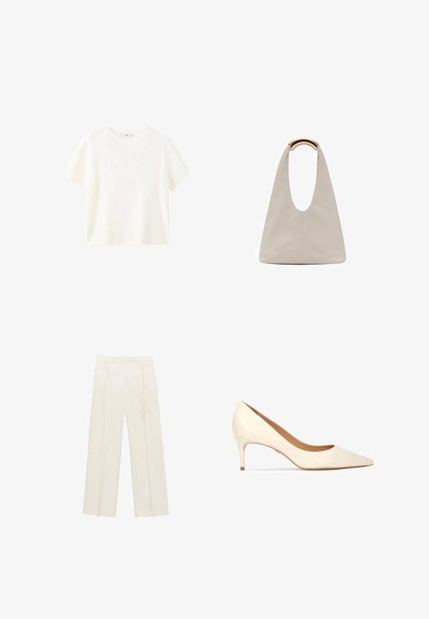 Top alb cu maneci scurte din material răsucit, cu guler rotund. Textură moale și croială lejeră, având un design simplu, fără modele suplimentare.; Pantaloni cu picioare largi, de culoare crem deschis. Realizați dintr-un material neted, cu plisuri în față și buzunare laterale.; Pantofii din piele crem cu vârf ascuțit, finisaj lucios și un toc subțire, de înălțime medie. Interiorul are o căptușeală moale pentru confort.; Geantă din piele gri deschis cu un design în formă de U și un mâner metalic curbat. Textură netedă cu cusături minime și fără modele vizibile.