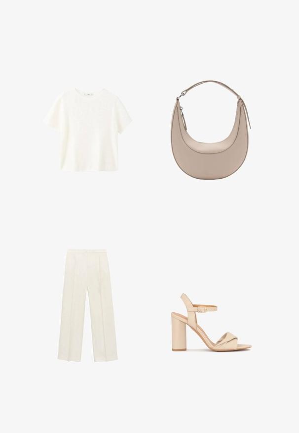 Witte ribbeltop met korte mouwen en een ronde hals. Zachte textuur en een relaxte pasvorm, met een eenvoudig ontwerp zonder extra patronen.; Wijdgevallen broeken in een lichtcrème kleur. Gemaakt van een zachte stof met plooien aan de voorkant en zijzakken.; Beige hoge hakken sandaal met een geknoopt ontwerp aan de voorkant, verstelbare enkelriem en een stevige blokhak, gemaakt van soepel leer.; Beige leren schoudertas met een halve maanvorm, een soepele textuur en een enkele gebogen handgreep. Voorzien van een ritssluiting en nette stiksels.