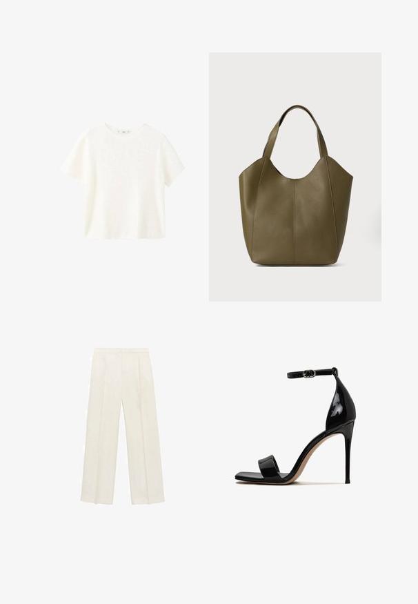 Top alb cu maneci scurte din material răsucit, cu guler rotund. Textură moale și croială lejeră, având un design simplu, fără modele suplimentare.; Pantaloni cu picioare largi, de culoare crem deschis. Realizați dintr-un material neted, cu plisuri în față și buzunare laterale.; Sandale cu toc înalt din piele patent neagră, cu vârful deschis, curea pentru glezne și un finisaj elegant, lucios. Dispune de un toc subțire în stil stiletto.; Geantă tote din piele verde măslinie cu două mânere, textură netedă și design din patru panouri. Cusături întărite pe margini pentru durabilitate.