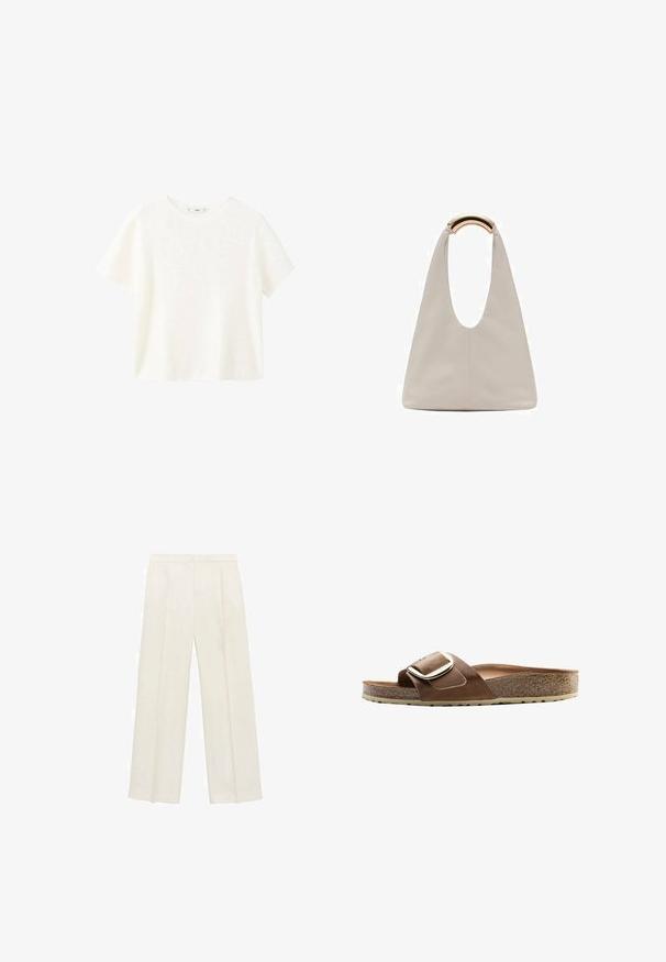 White short-sleeve ribbed top with a round neckline. Soft texture and relaxed fit, featuring a simple design without additional patterns.; Wide-legged trousers in a light cream color. Made from a smooth fabric with pleats at the front and side pockets.; Brown leather slide sandal with a wide strap, a metal buckle accent, and a contoured cork footbed on a textured rubber sole.; Light gray leather bag with a U-shaped design and a curved metallic handle. Smooth texture with minimal stitching and no visible patterns.