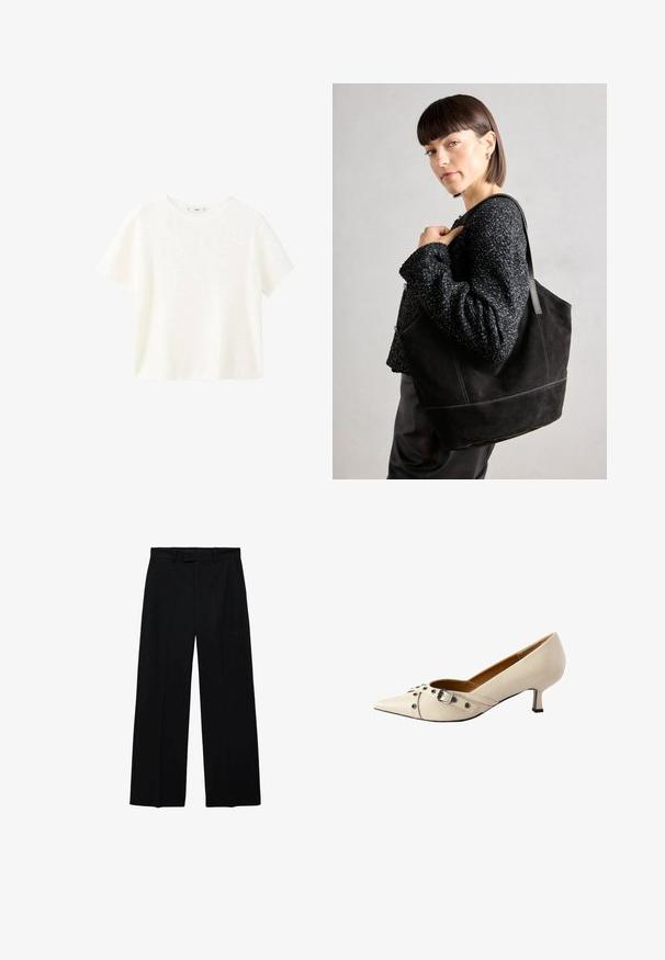 Weißes kurzärmliges, geripptes Oberteil mit Rundhalsausschnitt. Weicher Stoff und lässige Passform, einfaches Design ohne zusätzliche Muster.; Schwarze hochtaillierte Weitbeinhosen mit Gürtelschlaufen und seitlichen Taschen, ausgestattet mit einem Reißverschluss und Knopfverschluss vorne.; Beige Lederpumpe mit spitzem Zehenbereich, ausgestattet mit einem dekorativen Riemen mit einer Schnalle und silbernen Nieten sowie einem kleinen Absatz.; Schwarze Wildleder-Tote-Tasche mit glatter Textur, strukturiertem Design und kontrastierenden Nähten. Verfügt über lange Träger zum Tragen über der Schulter.