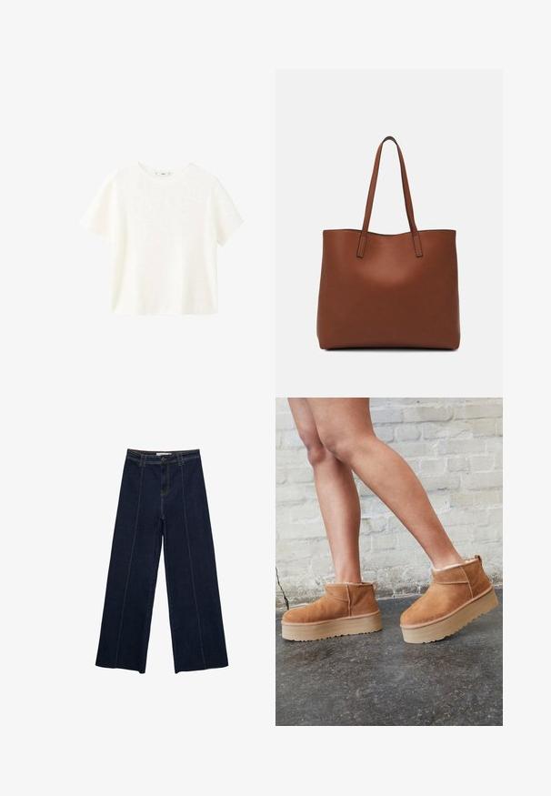 Witte ribbeltop met korte mouwen en een ronde hals. Zachte textuur en een relaxte pasvorm, met een eenvoudig ontwerp zonder extra patronen.; Wijde, donker denim broek met contrasterende stiksels, hoge taille en een rechte snit. Voorzien van zakken aan de voorkant en een klassieke knoopsluiting.; Bruine suède enkelboots met een zachte voering, dikke beige plateauzool en een achterste lus. Getextureerde oppervlakte met zichtbare stiksels.; Bruine leren tote bag met een gladde textuur, een ontwerp met een open bovenkant en twee schouderbanden. Kenmerkt zich door minimale stiksels en geen zichtbare hardware.