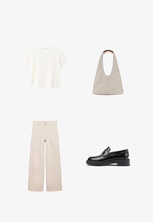 White short-sleeve ribbed top with a round neckline. Soft texture and relaxed fit, featuring a simple design without additional patterns.; Beige wide-leg jeans with a high waist, featuring a button closure, front pockets, and frayed hem. Made of denim fabric.; Black leather loafers with a rounded toe, featuring a stitched design and a chunky rubber sole. Accented with a decorative strap.; Light gray leather bag with a U-shaped design and a curved metallic handle. Smooth texture with minimal stitching and no visible patterns.