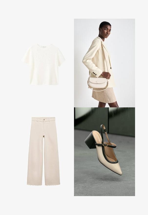 Biely krátky rukáv ribbovaného trička s okrúhlym výstrihom. Mäkka textúra a voľný strih, s jednoduchým dizajnom bez dodatočných vzorov.; Beige široké džínsy s vysokým pásom, s gombíkovým zapínaním, prednými vreckami a rozstrapkaným lemom. Vyrobené z denimu.; Béžová lodička so špicatou špičkou, s čiernym lemom, zlatou prackou a robustným blokovým podpätkom na šedom podlahe s tmavozeleným pozadím.; COACH EMMY SADDLE BAG 23 - Kabelka - chalk