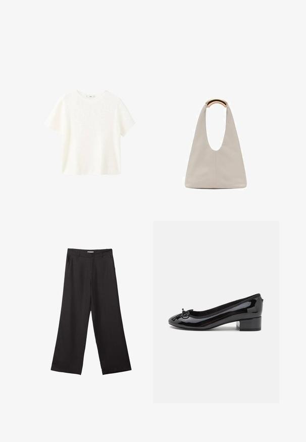 Weißes kurzärmliges, geripptes Oberteil mit Rundhalsausschnitt. Weicher Stoff und lässige Passform, einfaches Design ohne zusätzliche Muster.; Schwarze weite Hosen aus glattem Stoff, mit einem Reißverschluss vorne und zwei seitlichen Taschen, maßgeschneiderter Passform und minimalistischem Design.; Schwarze Lacklederschuhe im Ballettstil mit runder Zehenpartie, kleinem Blockabsatz und einer dekorativen Schleife an der Vorderseite. Glatte Oberfläche und gepolsterte Innensohle.; Hellgraue Lederhandtasche mit einem U-förmigen Design und einem geschwungenen, metallischen Griff. Glatte Textur mit minimalen Nähten und ohne sichtbare Muster.