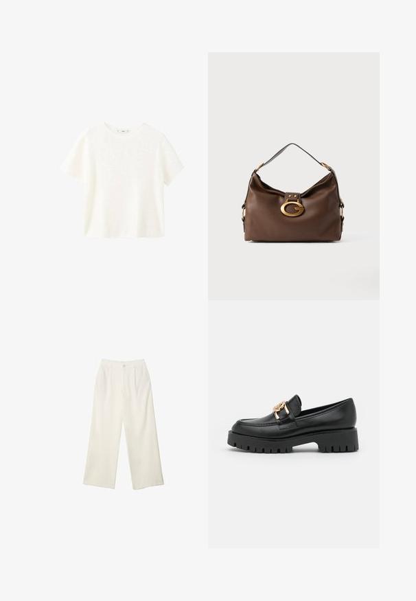 Bijela kratka majica s kratkim rukavima i okruglim izrezom. Mekana tekstura i opušteni kroj, s jednostavnim dizajnom bez dodatnih uzoraka.; Hlače širokih nogavica od kremaste tkanine s glatkom teksturom, s jednim prednjim gumbom, suptilnim plitvicama i visokim strukom.; Crni kožni loafer s debelim potplatima i zlatnim dekorativnim detaljima; ima zaobljeni vrh i prošivene detalje uz gornji dio.; Smeđa kožna torba s teksturiranom površinom, koja ima zlatni kopču i jedan zakrivljeni remen za rame.