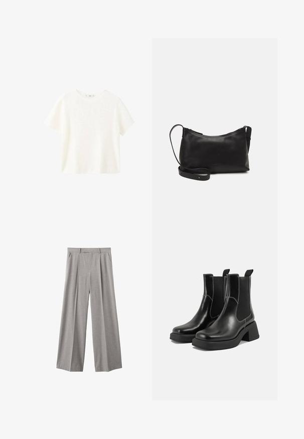 Bílý krátký rukáv, ribovaný top s kulatým výstřihem. Měkká textura a uvolněný střih, s jednoduchým designem bez dalších vzorů.; Světle šedé široké kalhoty vyrobené z tkané látky. Mají přední puky, přiléhavý pas a boční kapsy.; Černé kožené chelsea boty s masivním podpatkem, elastickými bočními panely a kontrastním bílým prošitím. Texturovaný povrch.; Černá kožená taška přes rameno s hladkým povrchem, zakřiveným tvarem, nastavitelným popruhem a zipovým uzávěrem. Minimalistický design bez zdobení.