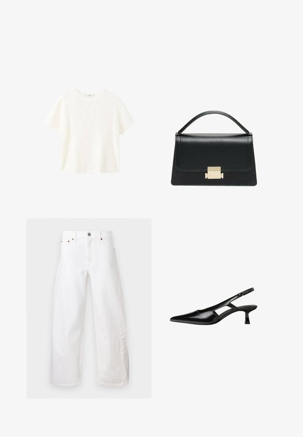 Witte ribbeltop met korte mouwen en een ronde hals. Zachte textuur en een relaxte pasvorm, met een eenvoudig ontwerp zonder extra patronen.; Witte wijde jeans van katoenen denim. Voorzien van een knoop- en ritssluiting, voorkruiszakken en subtiele stiksels langs de naden.; Zwarte gepatineerde leren slingback hakken met een puntige neus, uitsparing aan de zijkant en een kleine vierkante hak. Gladde textuur met minimale accenten.; Zwarte lederen handtas met een gestructureerd ontwerp, bovenhandgreep en een gouden metalen sluitingdetails aan de voorkant. Gladde textuur, minimale stiksels.