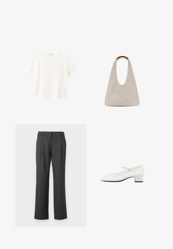 White short-sleeve ribbed top with a round neckline. Soft texture and relaxed fit, featuring a simple design without additional patterns.; Dark gray formal trousers with straight legs, belt loops, and front pleats, displayed against a white background.; White patent leather Mary Jane shoe with a rounded toe, mid-height chunky heel, and adjustable strap featuring a silver buckle.; Light gray leather bag with a U-shaped design and a curved metallic handle. Smooth texture with minimal stitching and no visible patterns.
