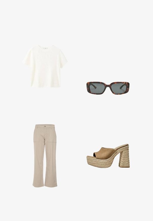 Biała krótka bluzka z krótkimi rękawami i okrągłym dekoltem. Miękka tekstura i luźny krój, z prostym wzornictwem bez dodatkowych wzorów.; Beżowe spodnie dżinsowe z szerokimi nogawkami, w pionowe paski, z dwoma przednimi kieszeniami i zapięciem na jeden guzik. Miękka tekstura i luźny krój.; Brązowe zamszowe mule na platformie z otwartym noskiem, z grubo plecioną jutową obcasem i gładkim, zaokrąglonym górnym fasonem.; Okulary przeciwsłoneczne w kratkę w kształcie prostokątnym, z grubymi oprawkami i ciemnymi szkłami. Gładka faktura i minimalistyczny design.