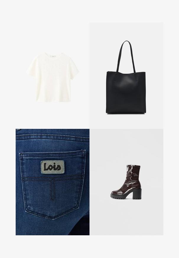 Bela kratka majica s kratkimi rokavi in ribanim tekstilom ter okroglim izrezom. Mehak material in sproščen kroj, ki se ponaša s preprostim dizajnom brez dodatnih vzorcev.; Temno modre kavbojke iz jeansa z zadnjim žepom, na katerem je svetlo modra kvadratna nalepka z napisom "Lois" v črnem pisavnem slogu.; Sijajan škrlatank z bleščečim videzom, z masivnim črnim peto, ki se ponaša z gladko teksturo in preprostim dizajnom. Brez vidnih zapenjal ali vzorcev.; Črna usnjena torba s svilnato teksturo, pravokotne oblike in dvema dolgima ročajema. Brez vidnih metalnih delov ali okrasnih elementov.