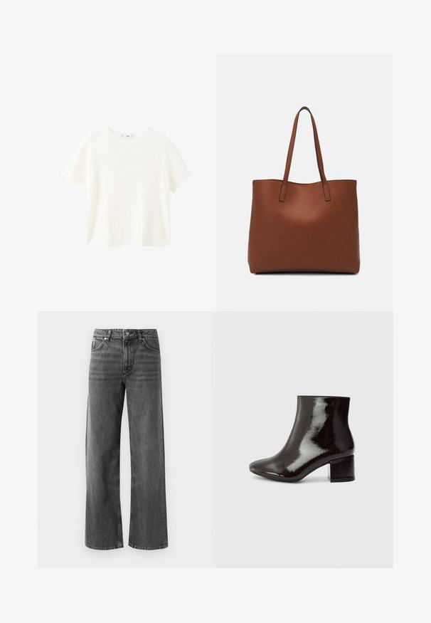 White short-sleeve ribbed top with a round neckline. Soft texture and relaxed fit, featuring a simple design without additional patterns.; Wide-leg black denim jeans with a slightly faded finish, featuring five pockets and a button closure. Contrast stitching detail enhances design.; Black patent leather ankle boots with a pointed toe and a chunky heel. Smooth texture with a subtle sheen and clean lines, minimalist design.; Brown leather tote bag with a smooth texture, open top design, and two shoulder straps. Features minimal stitching and no visible hardware.