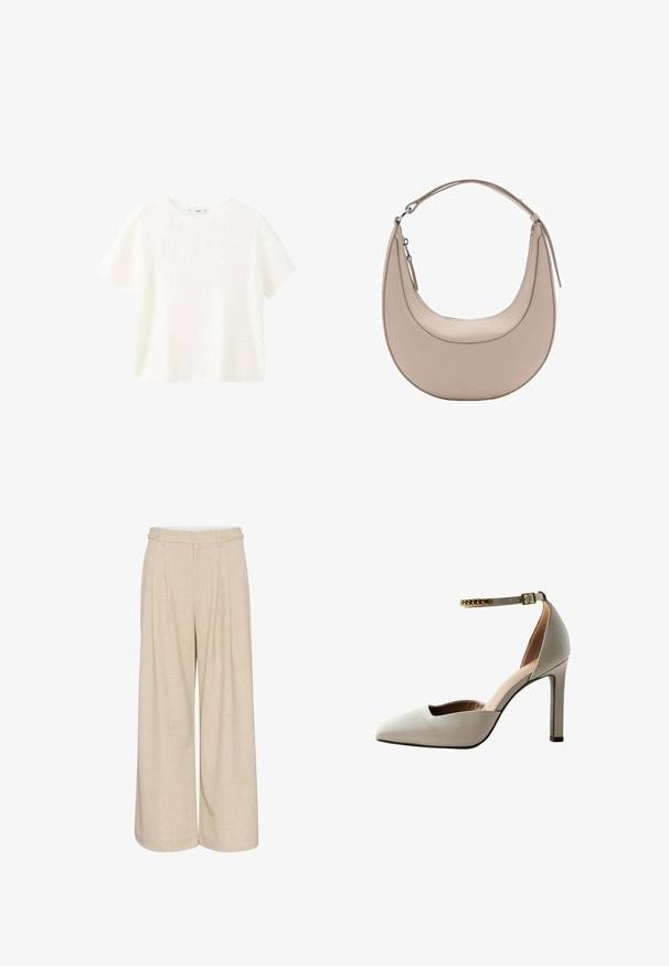 Biely krátky rukáv ribbovaného trička s okrúhlym výstrihom. Mäkka textúra a voľný strih, s jednoduchým dizajnom bez dodatočných vzorov.; Béžové nohavice s širokými nohavicami z textúrnej tkaniny s vysokým pásom, obsahujúce dva predné gombíky a dvojité bočné vrecká pre praktickosť.; Svetlošedá vysoká topánka na podpätku s špicatou špičkou, otvoreným dizajnom v oblasti nártov, remienkom okolo členku a zlatým reťazovým akcentom. Hladká kožená textura.; Béžová kožená taška cez rameno s polkruhovým tvarom, hladkou textúrou a jedným zakriveným uchom. Obsahuje zipsové uzatváranie a úhľadné švy.