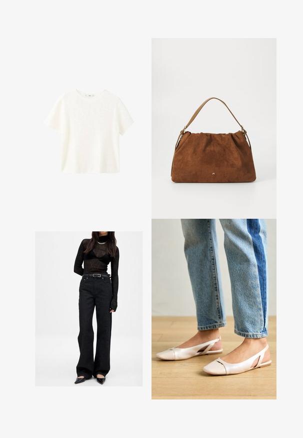 Top bianco a maniche corte in maglina con scollatura rotonda. Tessuto morbido e vestibilità comoda, con un design semplice senza ulteriori motivi.; Jeans neri con vita alta, design a gamba larga, dotati di tasche frontali e fibbia metallica nella cintura. Abbinati a una maglietta nera trasparente.; Ballerine slingback rosa pallido con punta affusolata, realizzate in un materiale simile alla pelle liscio. Presentano dettagli a taglio sui lati e un tacco piatto.; Borsa in suede marrone con un design arricciato, dotata di una singola tracolla in pelle beige e di un sottile logo dorato dettagliato sulla parte anteriore.