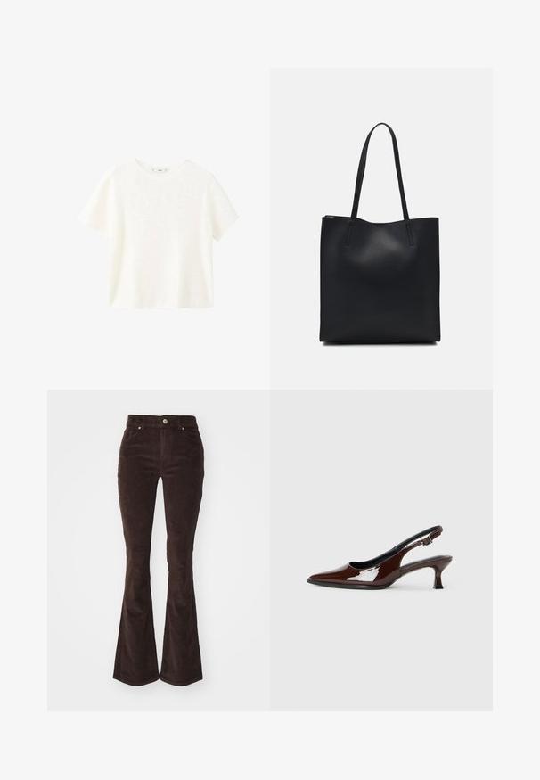Vit kortärmad ribbad topp med rund halsringning. Mjuk textur och avslappnad passform, med en enkel design utan ytterligare mönster.; Vero Moda VMFLASH FLARED PANTS - Tygbyxor - chocolate torte; Brun lackläder slingback-sko med spetsig tå och en måttlig klack. Utrustad med en spännband för säker passform. Slät textur.; Svart lädertoffelväska med slät textur, rektangulär form och två långa handtag. Ingen synlig hårdvara eller dekorationer.
