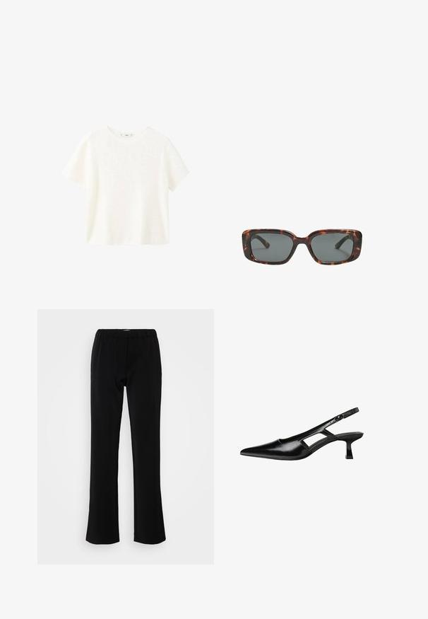 Bijela kratka majica s kratkim rukavima i okruglim izrezom. Mekana tekstura i opušteni kroj, s jednostavnim dizajnom bez dodatnih uzoraka.; Crne hlače s raširenim krojem, izrađene od glatkog materijala. Imaju elastičnu pojasnicu za udobnost i čist, jednostavan silueta.; Crne lakirane natikače na remenčić sa špicastim nosom, dizajnom sa izrezima sa strane i malim kvadratnim potplatom. Glatka tekstura s minimalnim akcentima.; Smešane sunčane naočale s pravokutnim lećama, debelim okvirom i tamnim lećama. Glatka tekstura i minimalistički dizajn.