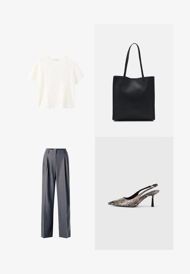 Hvid kortærmet ribbet top med rund halsudskæring. Blød tekstur og afslappet pasform, med et enkelt design uden yderligere mønstre.; Grå skræddersyede bukser med en plisseret front, bred bendesign og glat tekstur, der har en flad talje og sidelommer.; Spidse slingback sko lavet af tekstureret slangeskindsmateriale, med en slank sort hæl og en udskæringsdesign på siderne.; Sort læder tote taske med glat tekstur, rektangulær form og to lange hanke. Ingen synlig hardware eller udsmykninger.
